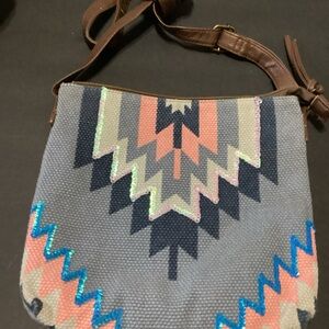 Aztec Pattern Gray Canvas Crossbody Bag with Brown Strap
